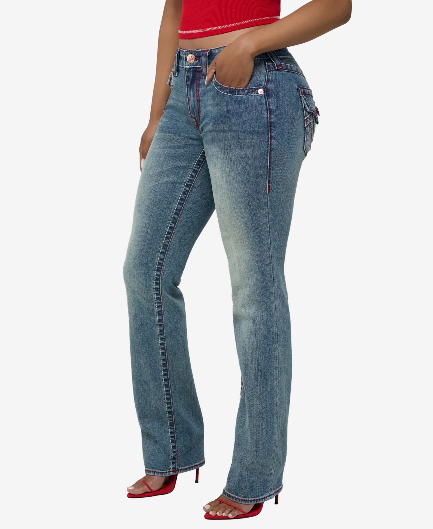 Женские прямые джинсы True Religion Billie с низкой посадкой и карманами с клапанами, цвет: Redwood Hue — фото 2