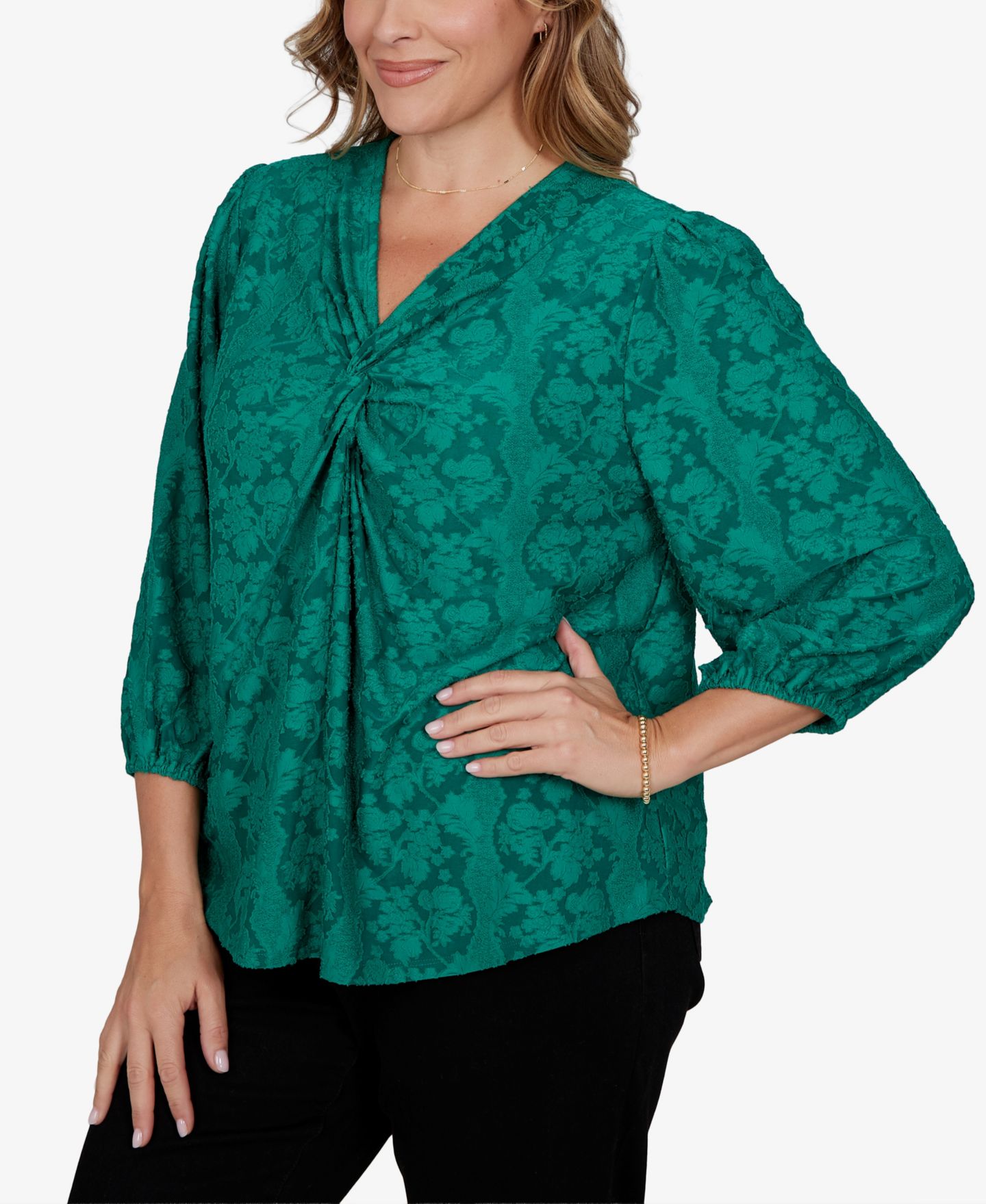 Женская блузка Ruby Rd. Plus Size Knit Floral Clip 3/4-Sleeve V-Neck, цвет: Вечнозелёный — фото 2