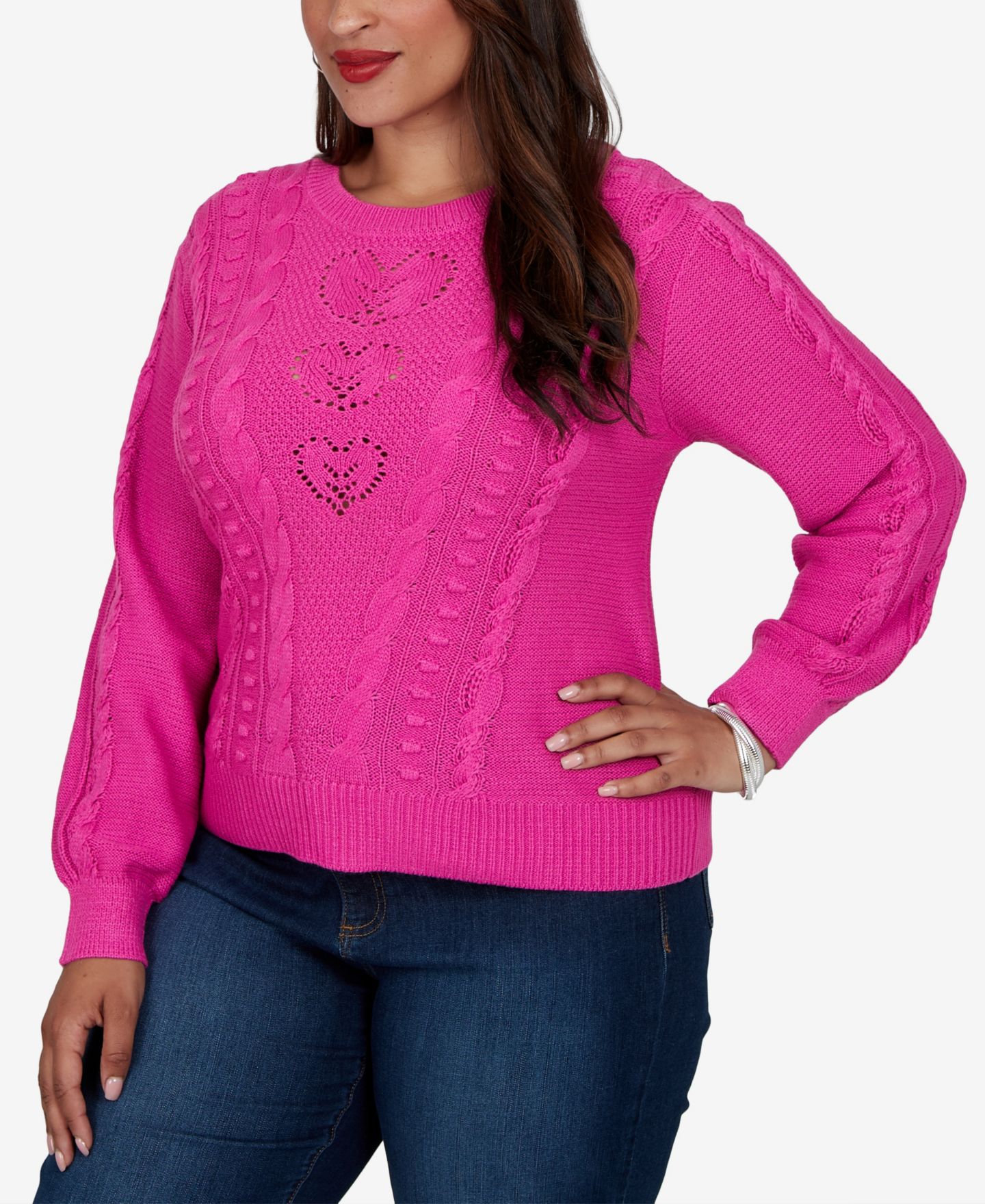 Женский свитер Ruby Rd. Plus Size Cable-Knit Heart Pullover, цвет: Фуксия — фото 2