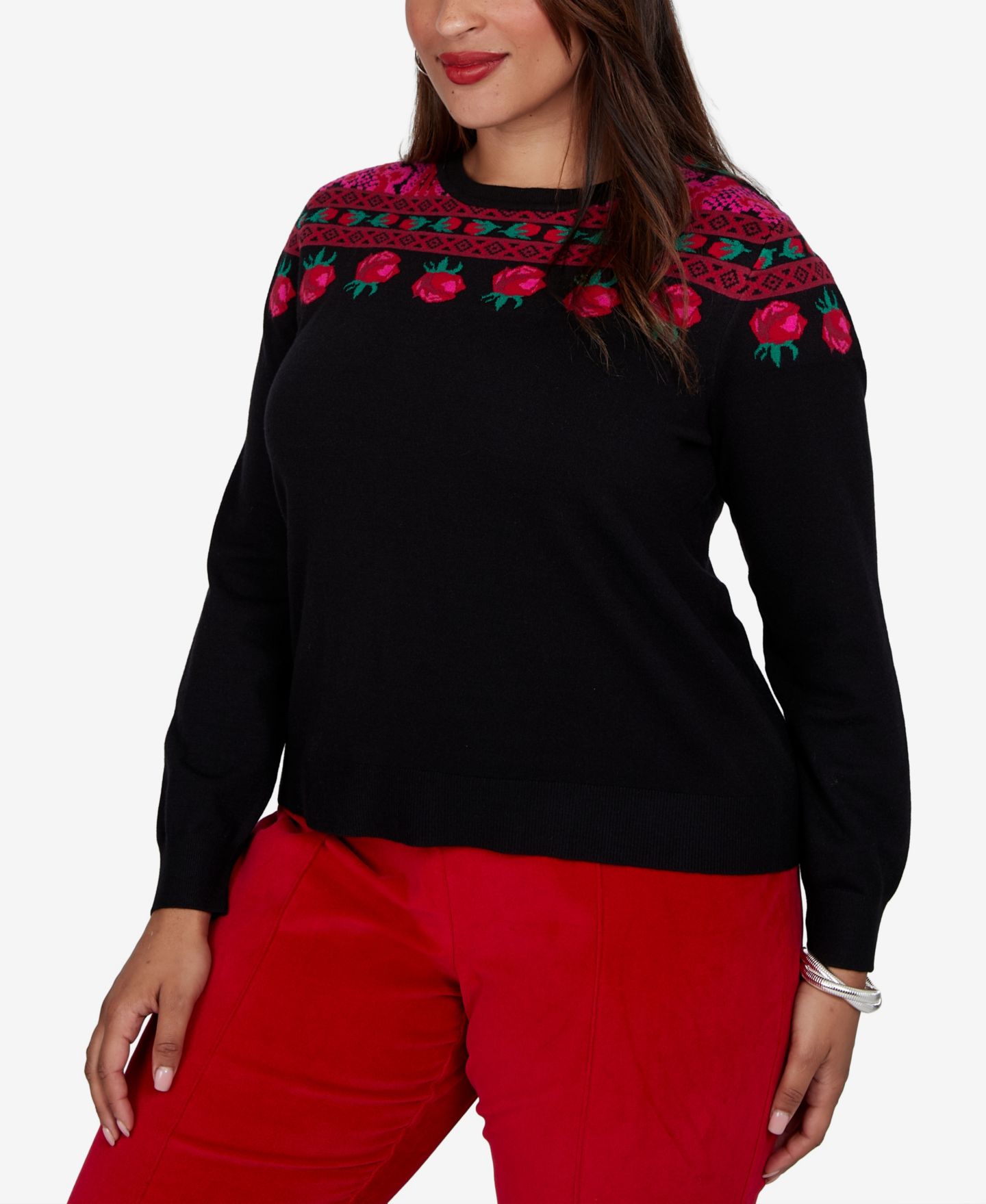 Женский свитер Ruby Rd. Plus Size Rose Fair-Isle Long-Sleeve Pullover, цвет: Чёрный — фото 2