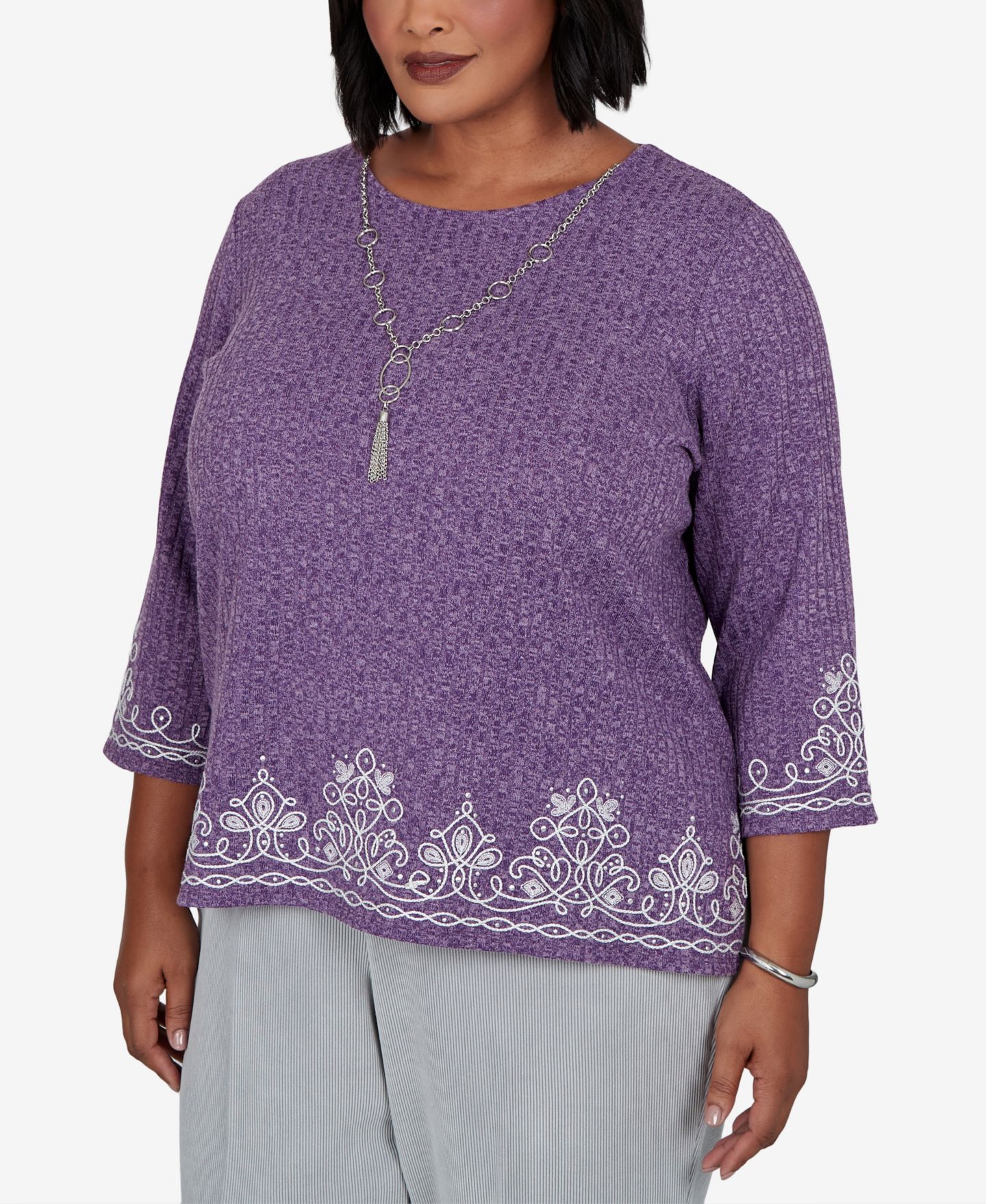 Женский топ Alfred Dunner Plus Size Crewneck 3/4-Sleeve Tunic Top, цвет: Amthyst — фото 2