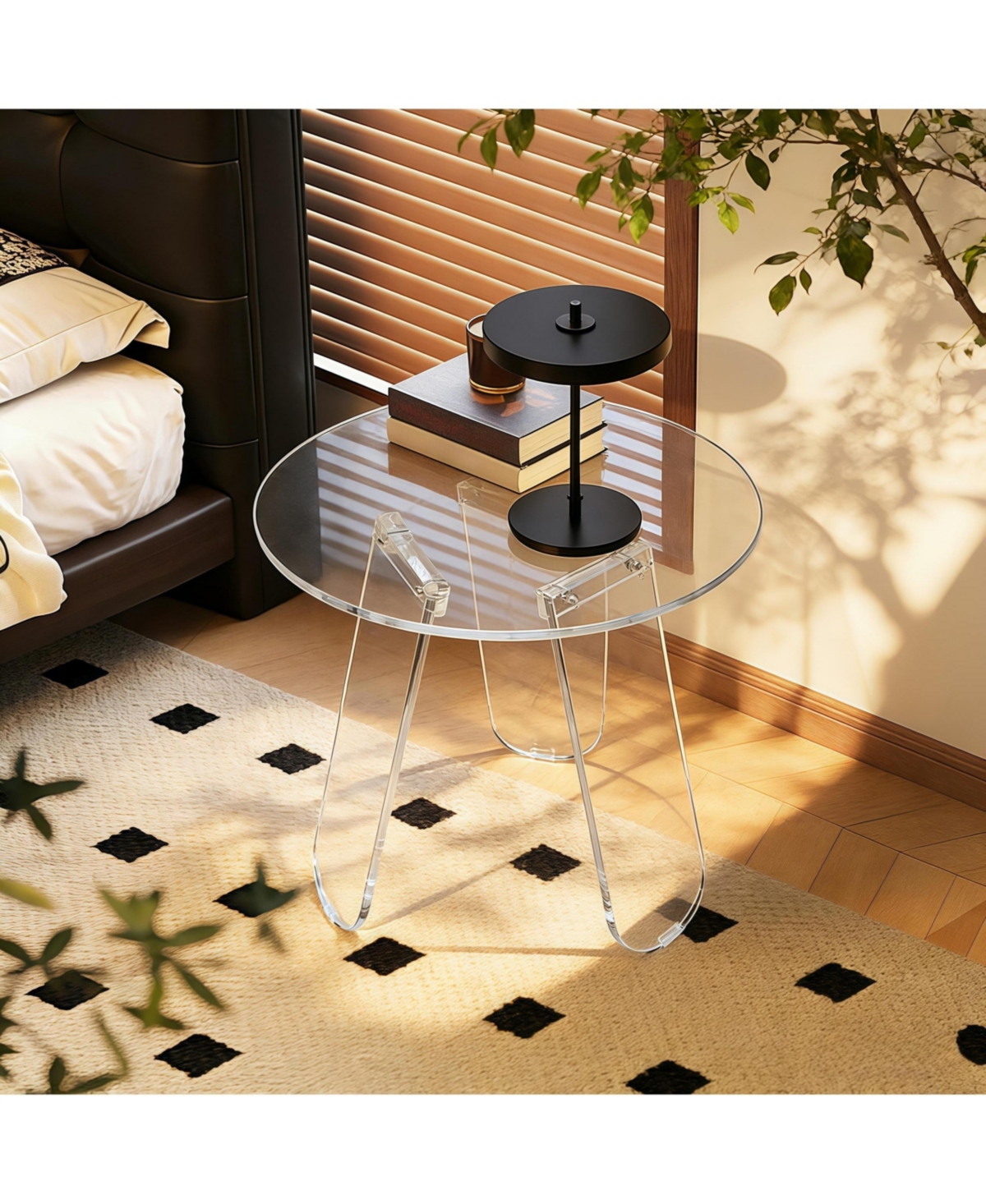 Unho Clear Acrylic Coffee Table Modern Minimalist Transparent Center Table with Leaf-Shaped Base for Living Room and Small Spaces