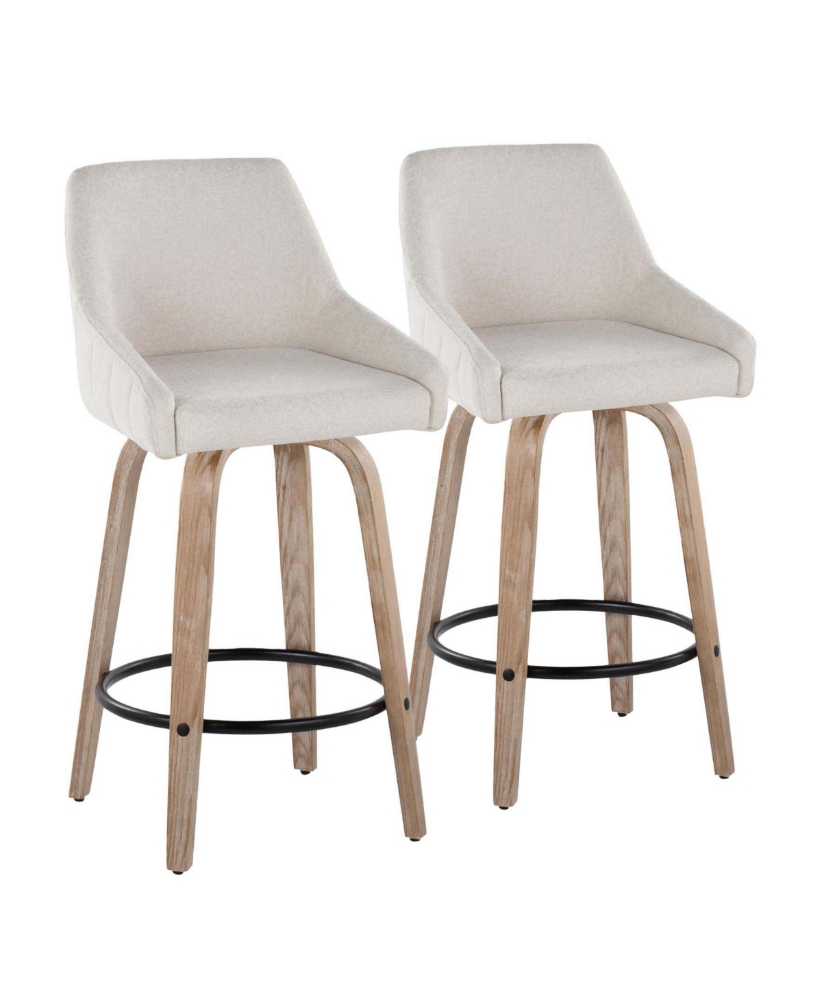 Hannah 26 in. Transitional Fixed-Height Counter Stool with Swivel in Whitewashed Wood & Cream Fabric with Round Black Metal Footrest - Set of 2