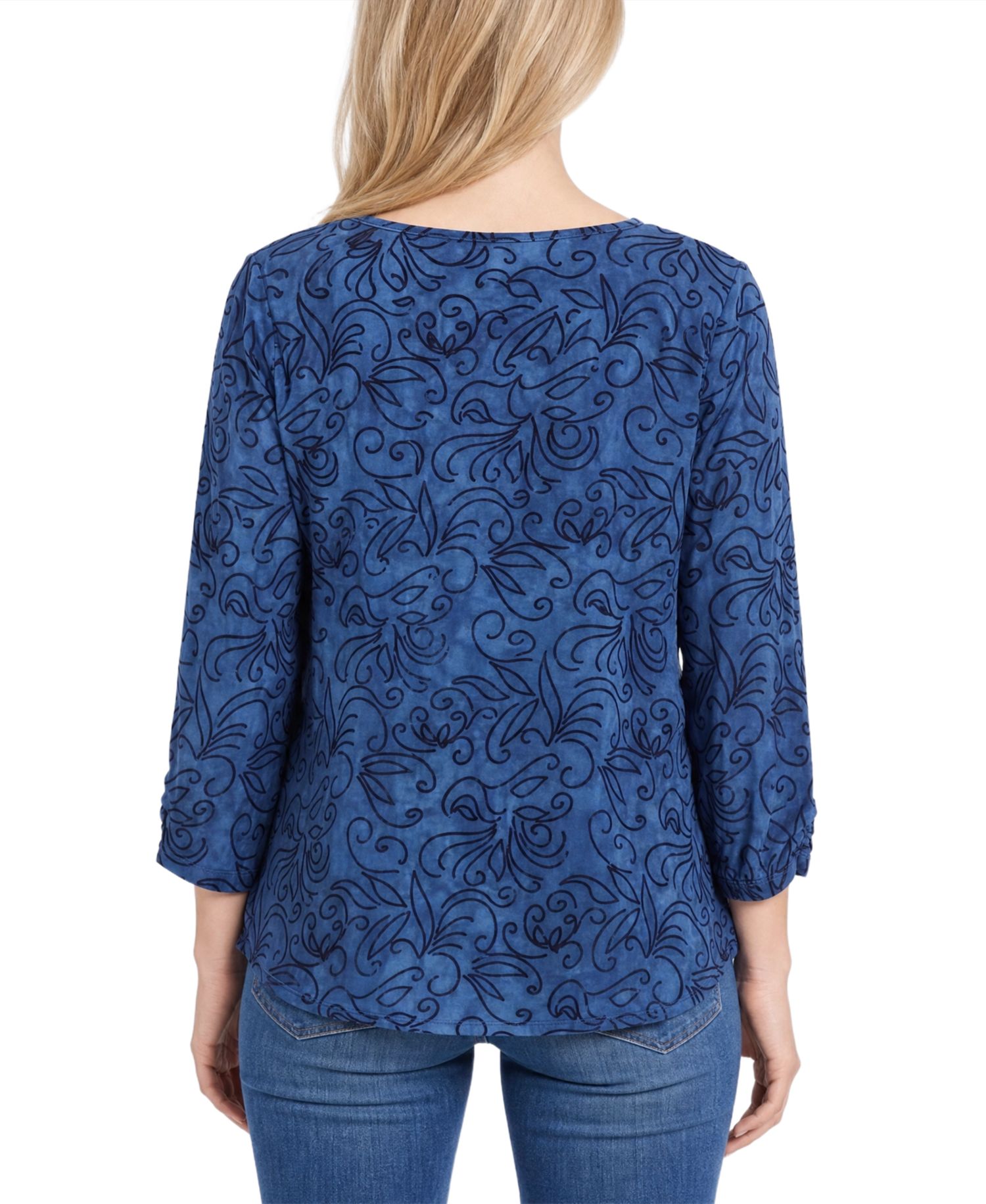 Petite 3/4-Sleeve Tie-Dye Keyhole Blouse