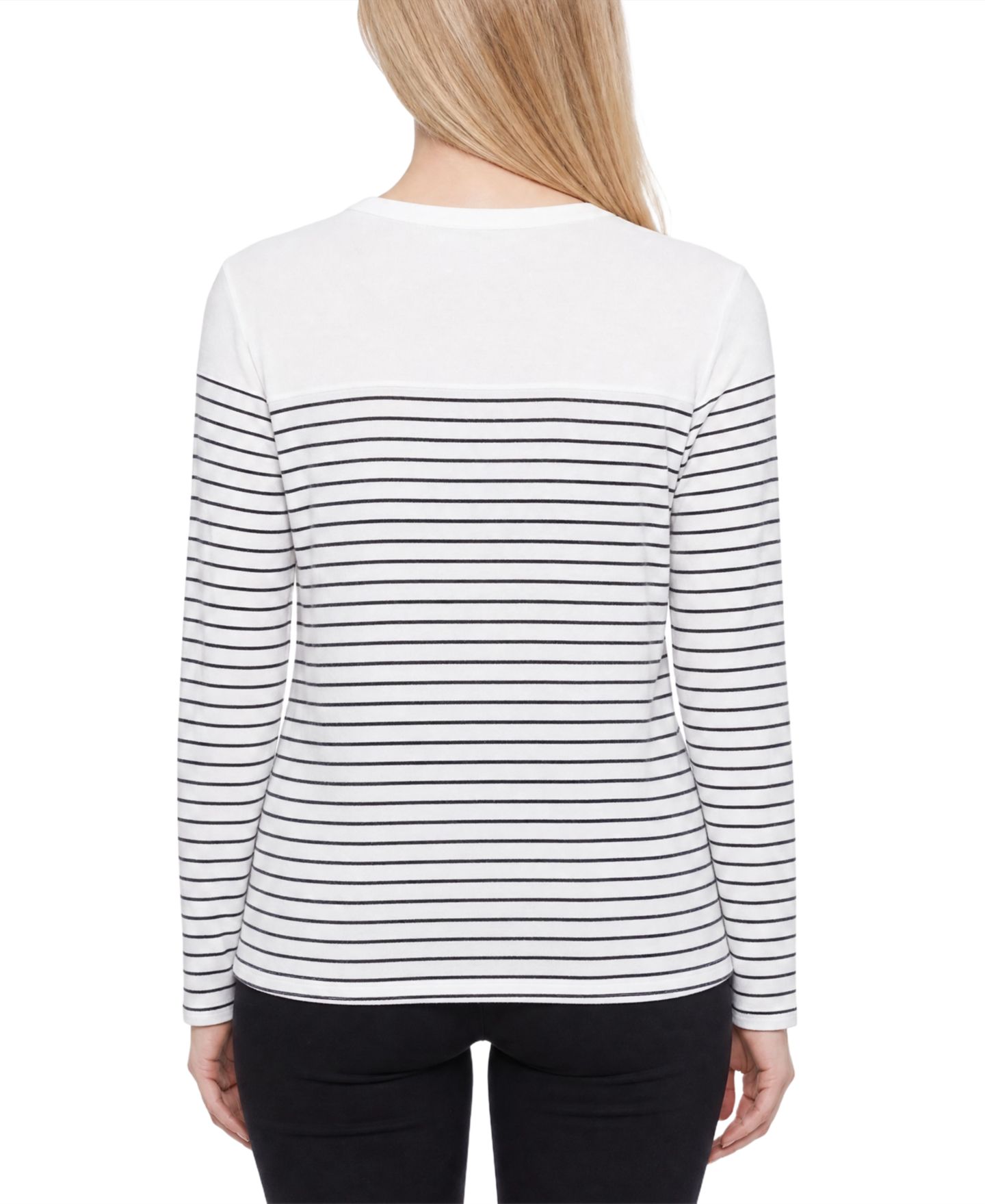Женская футболка NY Collection Petite Long-Sleeve Crewneck Metallic Ribbon Bow, цвет: Слоновая кость чёрный полосатый — фото 4