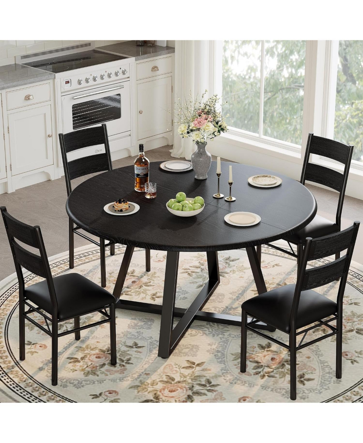 homfan 5-Piece Round Dining Table Set, Rustic Wooden Kitchen Table with 4 Chairs for Dining Room