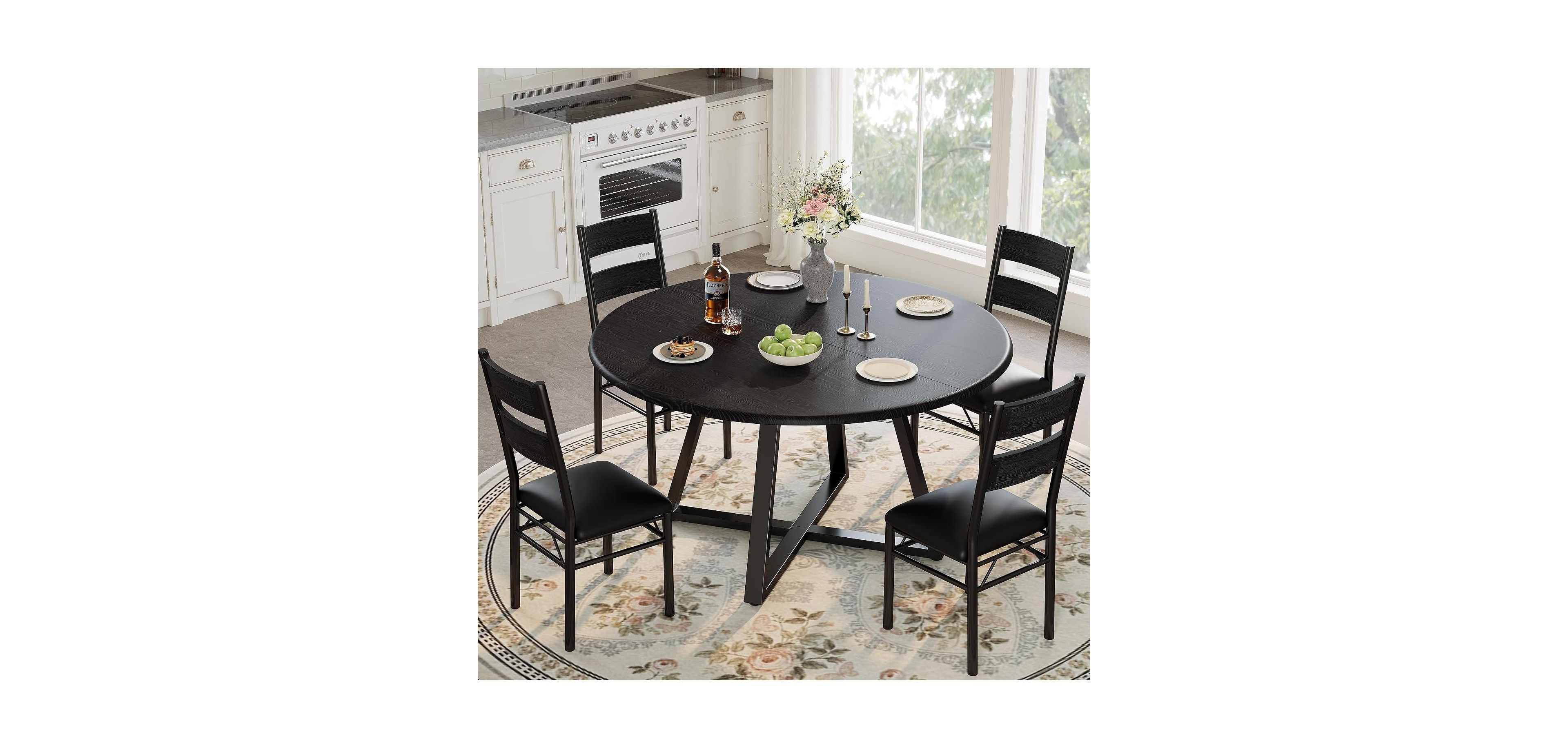 homfan 5-Piece Round Dining Table Set, Rustic Wooden Kitchen Table with 4 Chairs for Dining Room