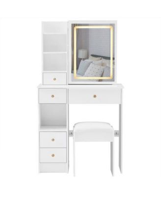 29.2 inch Small Vanity Table Set - LED Mirror, Left Drawer, 3-Color Dimmable Light, Cushioned Stool