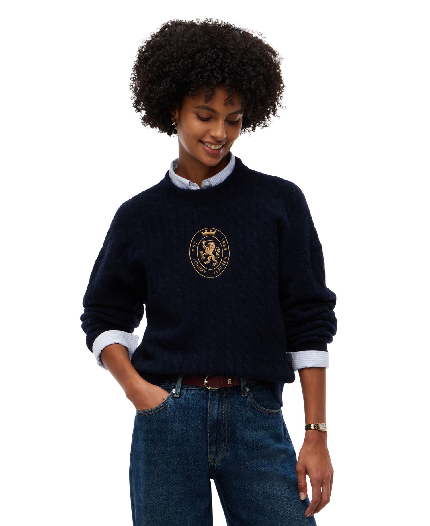 Women's Cable-Knit Crewneck Embroidered Crest Sweater