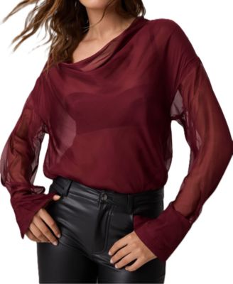 Women's Deep Shawl Long-Sleeve Silk Cowl-Neck Blouse