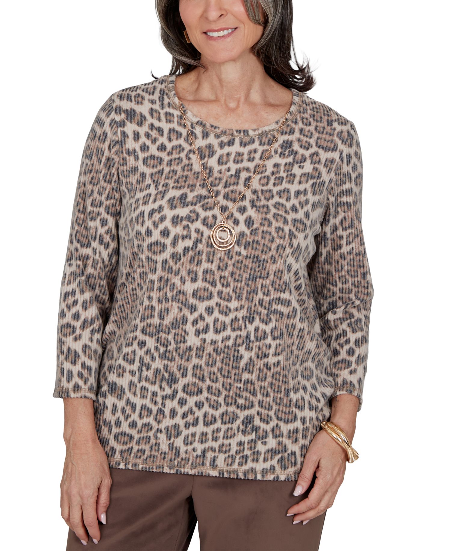 Petite Leopard-Print 3/4-Sleeve T-Shirt