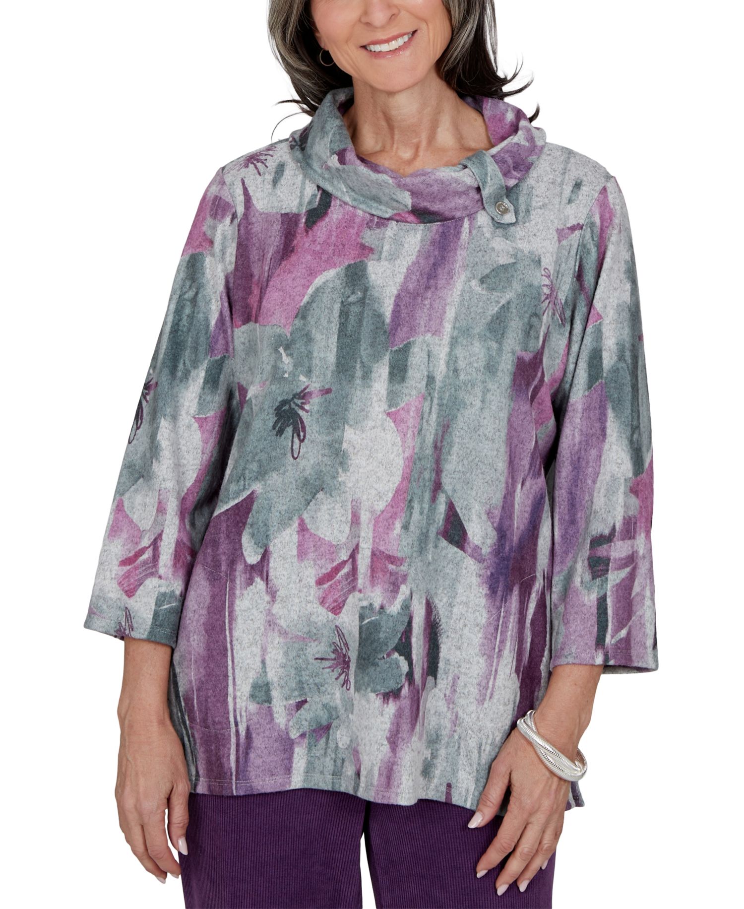 Petite Floral-Print Cowl Neck 3/4-Sleeve Tunic Top
