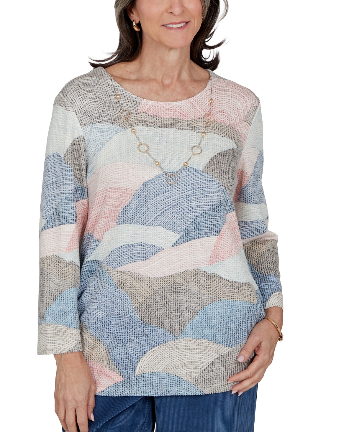 Alfred Dunner Petite Crewneck 3/4-sleeve Ruched Blouse In Blue Multi