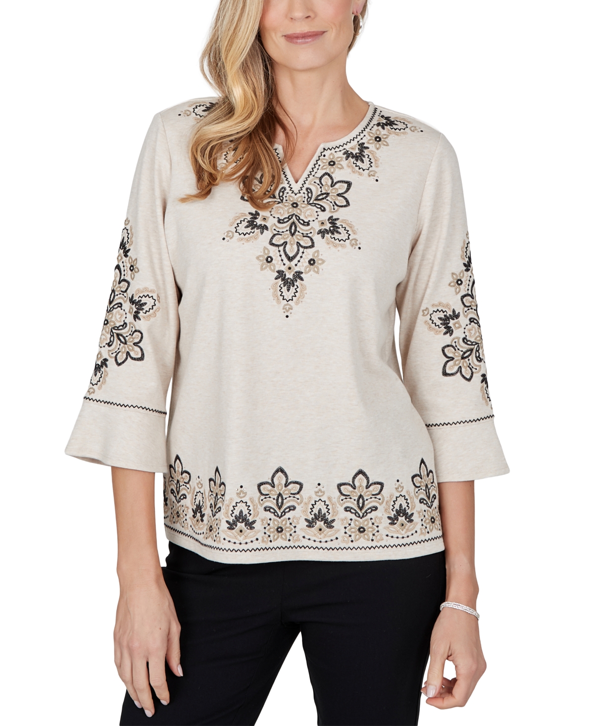 Alfred Dunner Petite 3/4-sleeve Side Slit Blouse In Tan