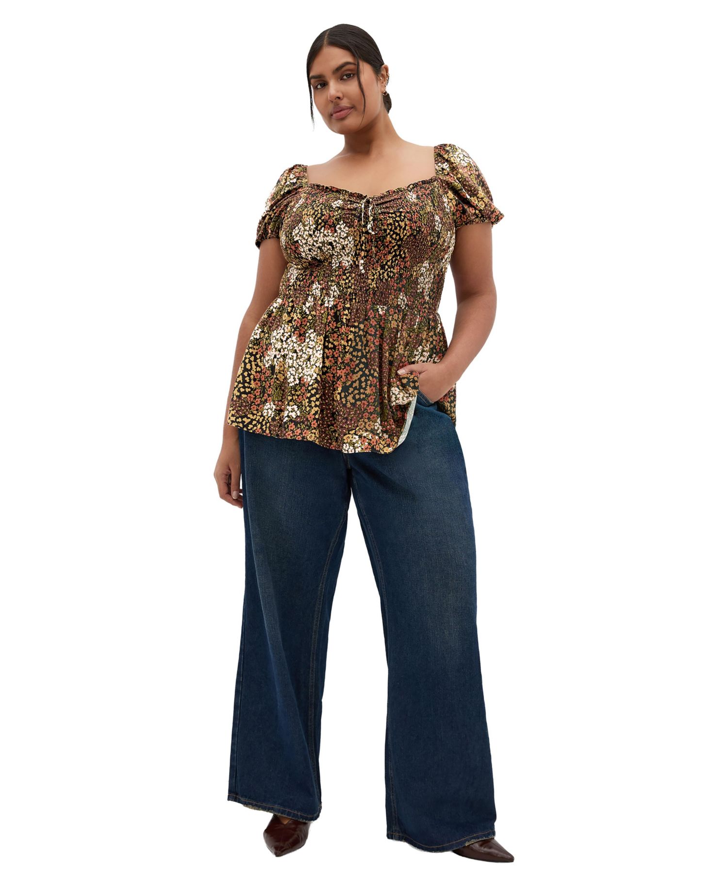 Plus Size Azure Floral-Print Tie-Up Shirred Blouse