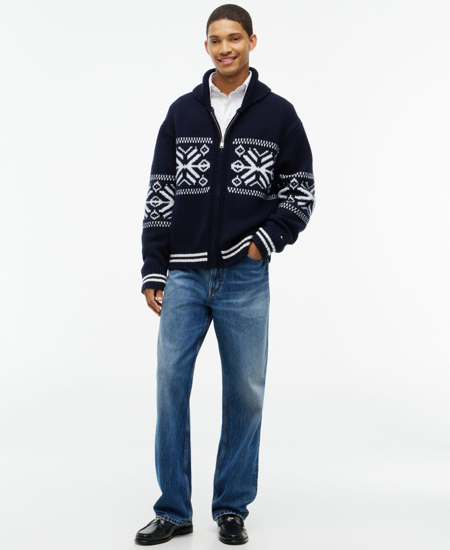 Мужской шерстяной кардиган Tommy Hilfiger Varsity на молнии из смесовой шерсти, цвет: Тёмно-синий / Слоновая кость — фото 2
