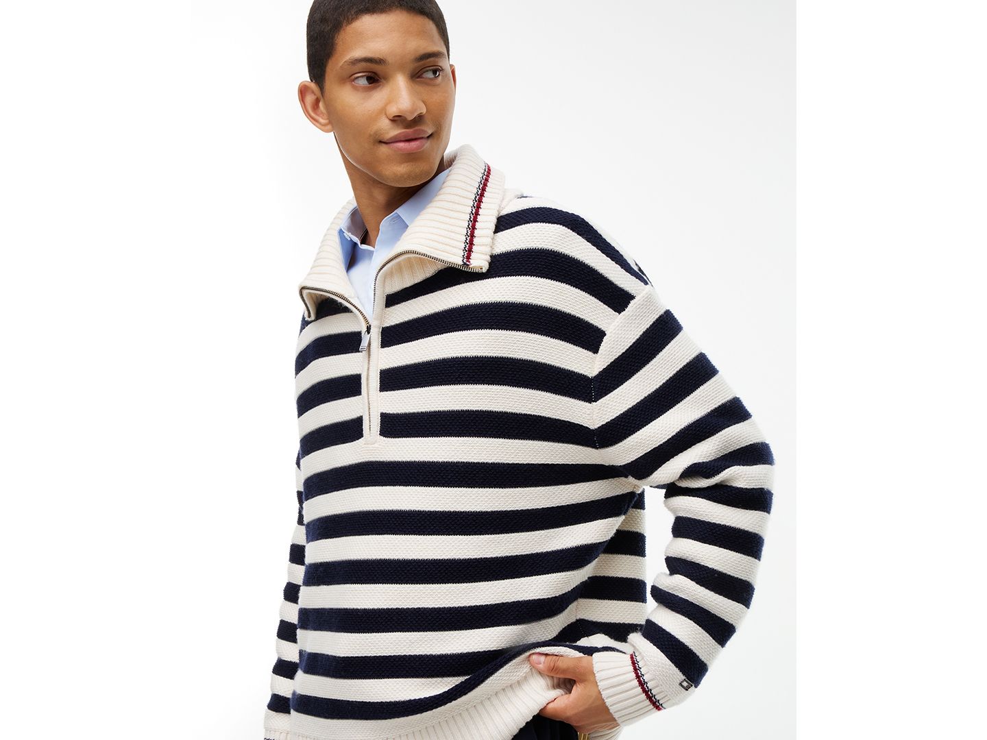 Мужской свитер Tommy Hilfiger New York на полумолнии, с полосой-этикеткой, цвет: Тёмно-синий / Слоновая кость — фото 3