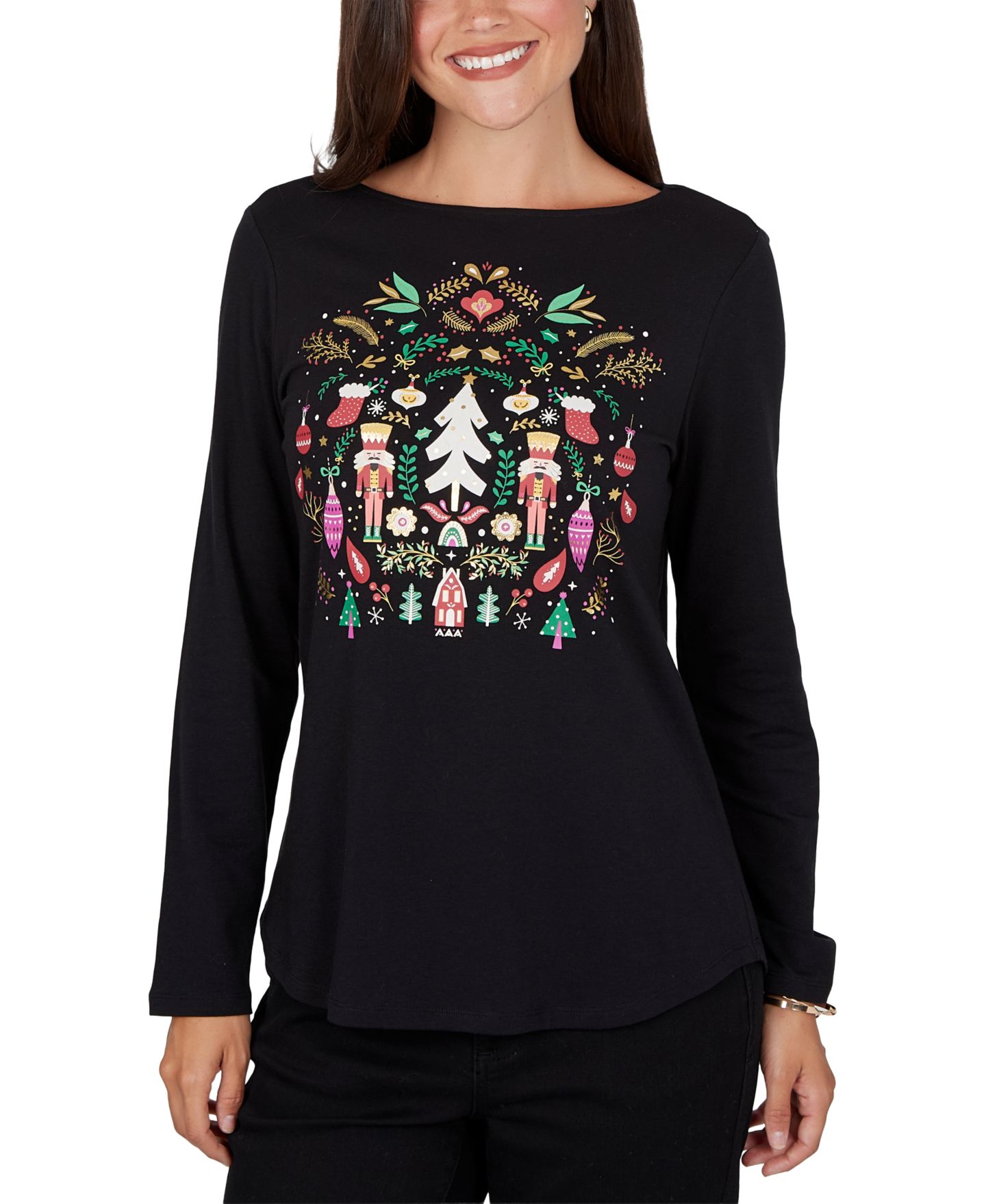 Женская футболка Ruby Rd. Petite Nutcracker Long-Sleeve Boat Neck, цвет: Чёрный разноцветный — фото 1