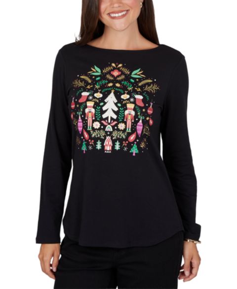 Женская футболка Ruby Rd. Petite Nutcracker Long-Sleeve Boat Neck, цвет: Чёрный разноцветный