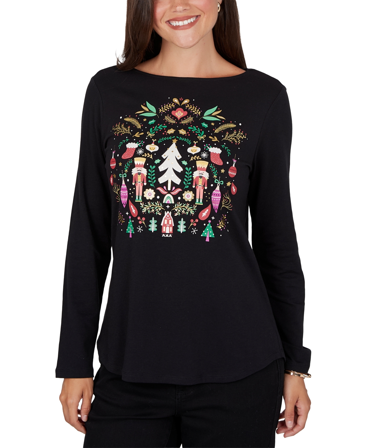 Ruby Rd. Women's Nutcracker Long-Sleeve Boat Neck T-Shirt