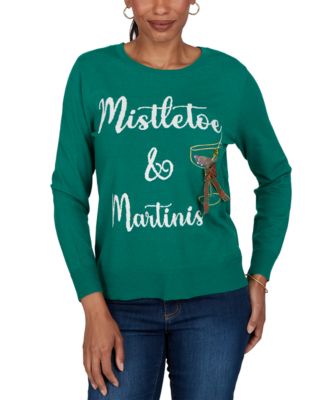 Petite Mistletoe Long-Sleeve Crewneck Holiday Sweater