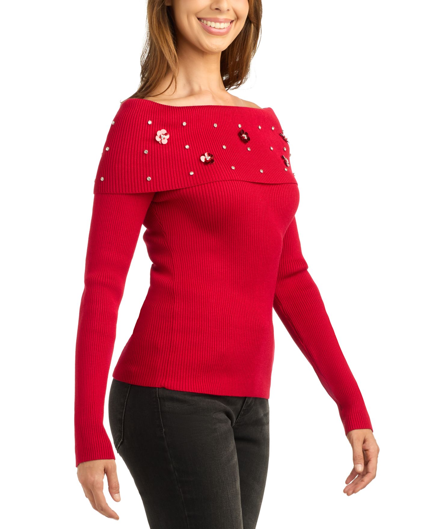 Женский свитер BCX Juniors' Off-the-Shoulder Long-Sleeve Embellished Pullover, цвет: Красный — фото 2