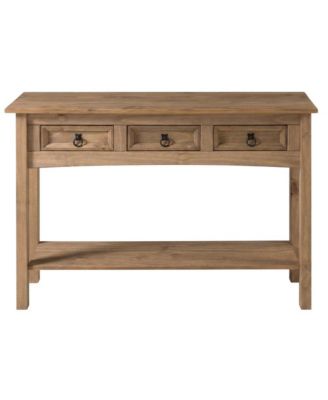 wood hall table with three drawers and sleek design