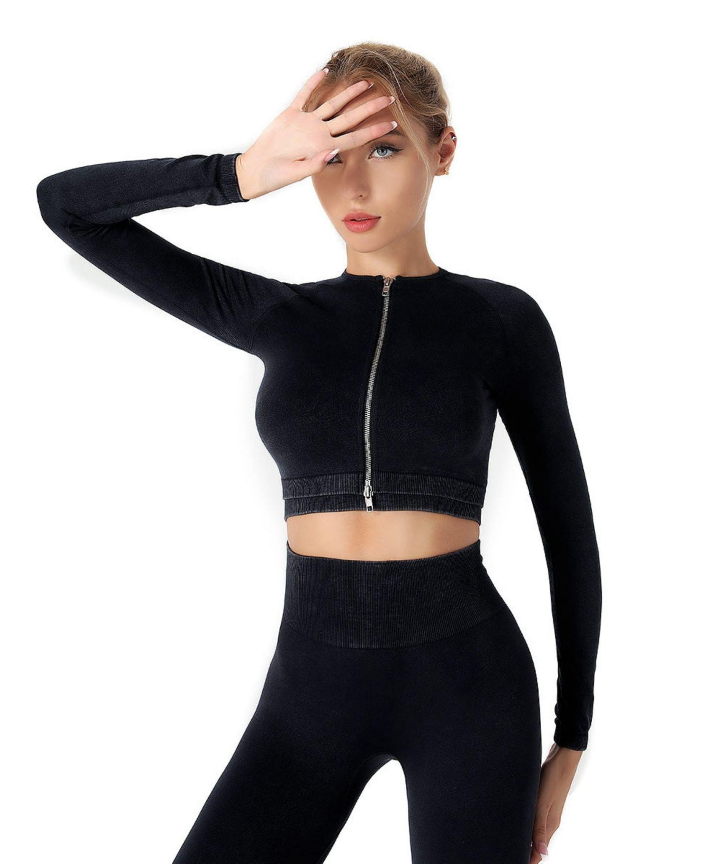 Женский комплект Sunveno High-Waist Long-Sleeve Seamless Top and Leggings, 2-Piece Set, цвет: Чёрный — фото 3