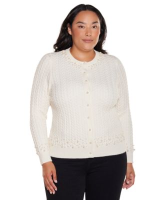 Plus Size Fitted Cable-Knit Crewneck Cardigan Sweater