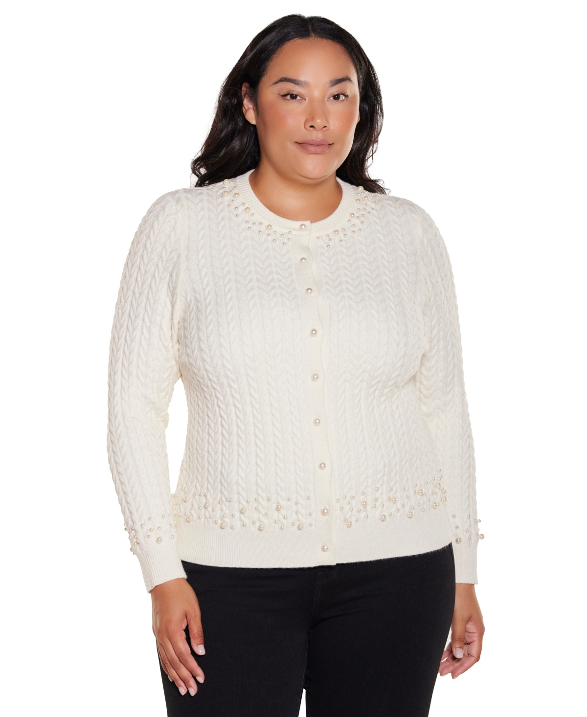 Belldini Plus Fitted Cable-Knit Crewneck Cardigan Sweater