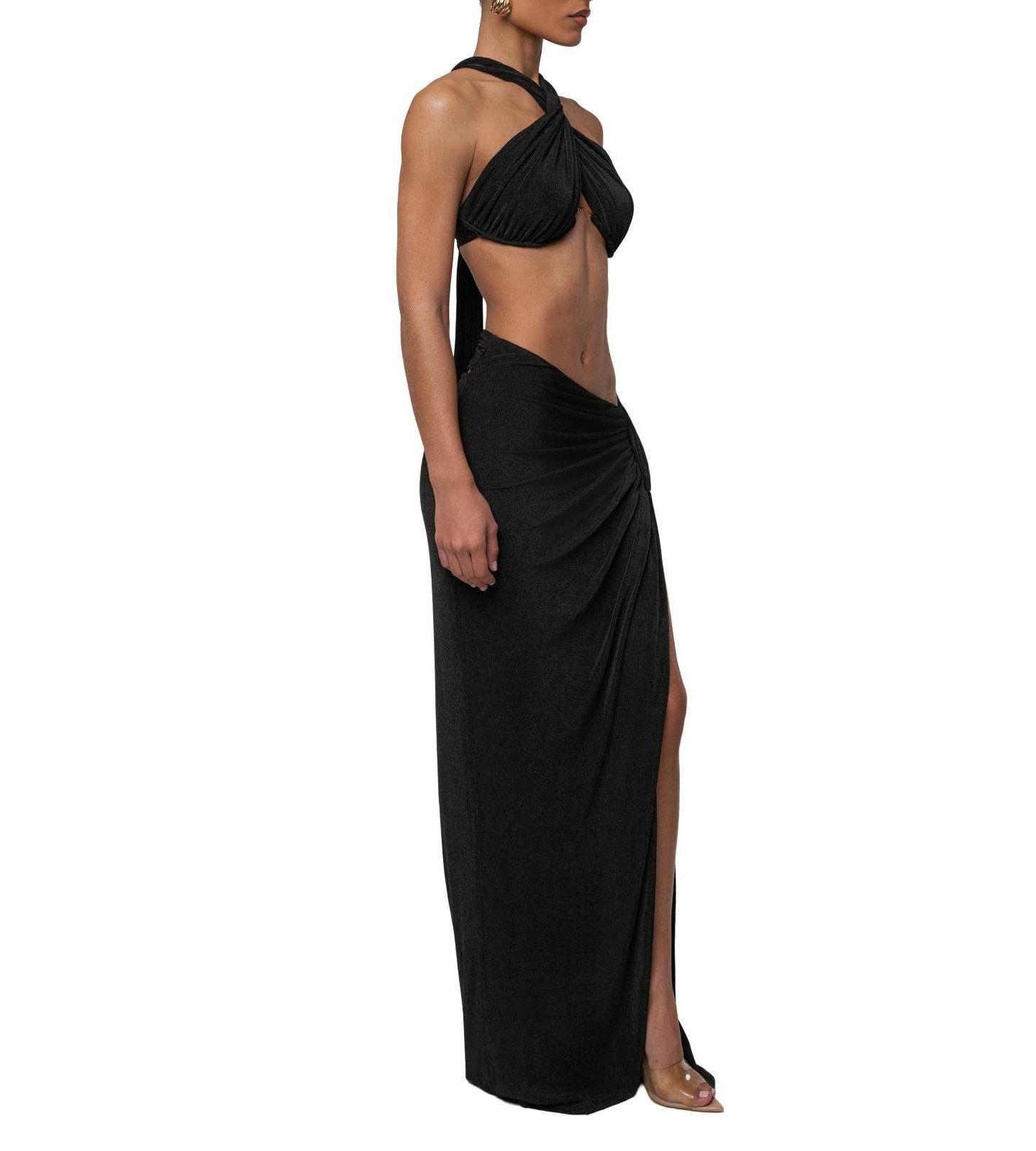Женский комплект JLUXLABEL City After Dark Open-Back Thigh-High Slit Halter Top and Maxi Skirt, 2-Piece Set, цвет: Чёрный — фото 3