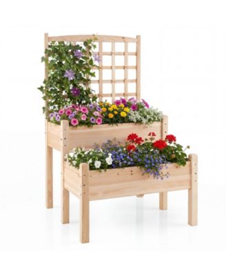 2-Tier Fir Wood Raised Garden Bed with Trellis for Climbing Plants