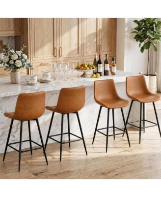 Set of 4 24 Inch Counter Height Bar Stools with Backs, Faux Leather Upholstery and Metal Legs for 34 Inch - 38 Inch Kitchen Counters