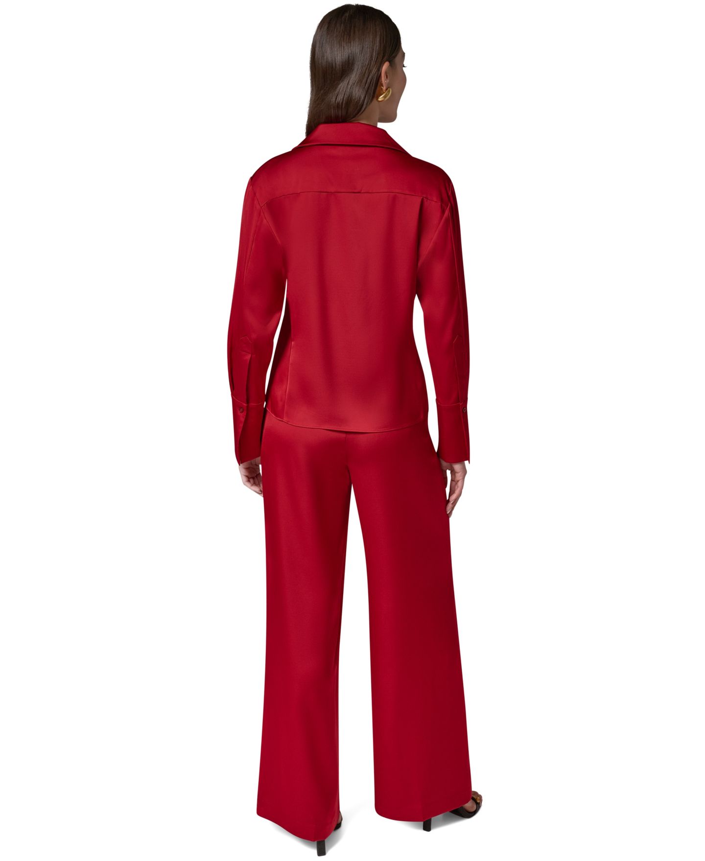 Женская атласная блуза Donna Karan New York с воротником и длинным рукавом, цвет: Красный бархатный — фото 9
