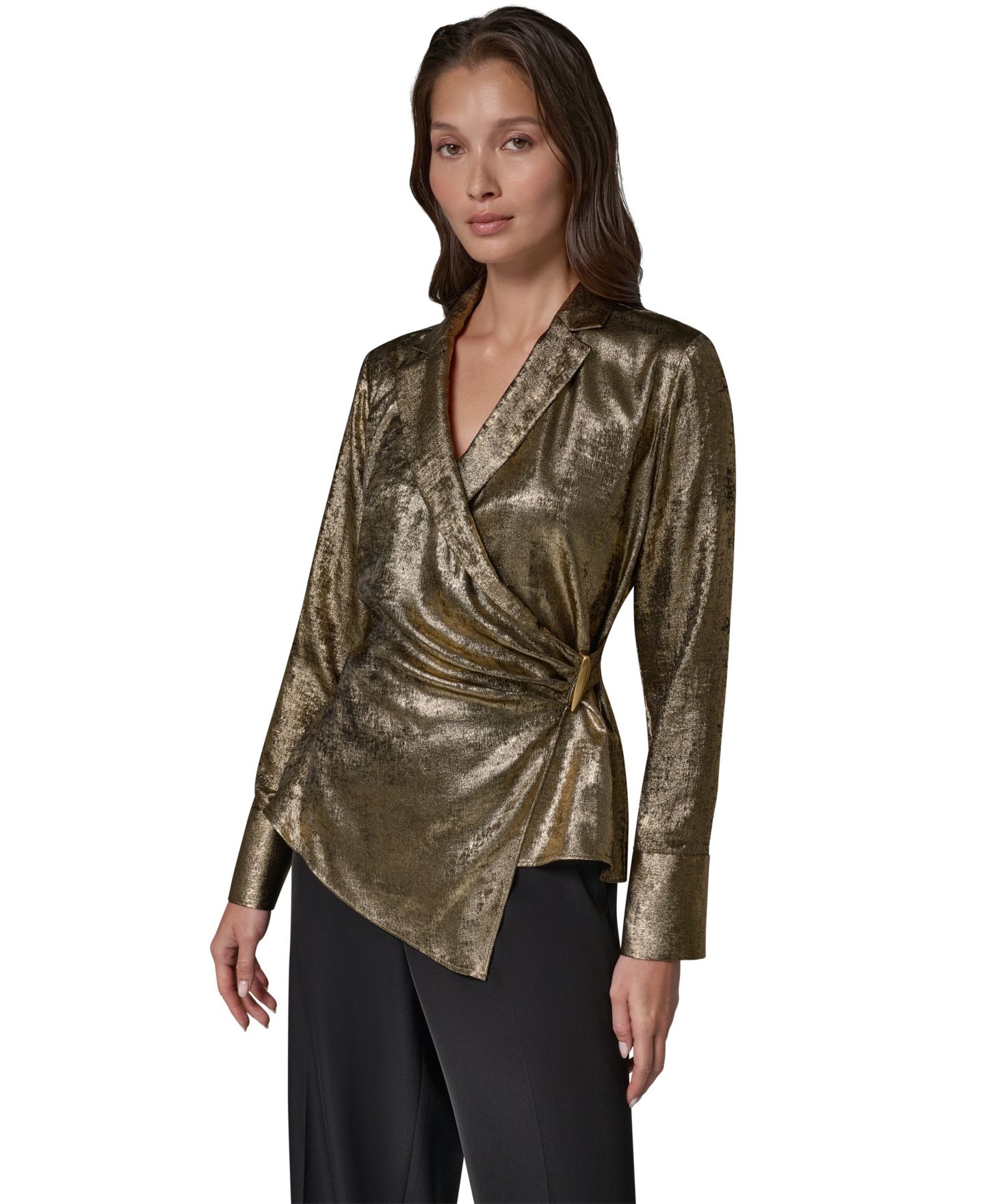 Женская блузка Donna Karan New York Long-Sleeve Asymmetrical-Hem Metallic Blouse, цвет: Золотой — фото 4