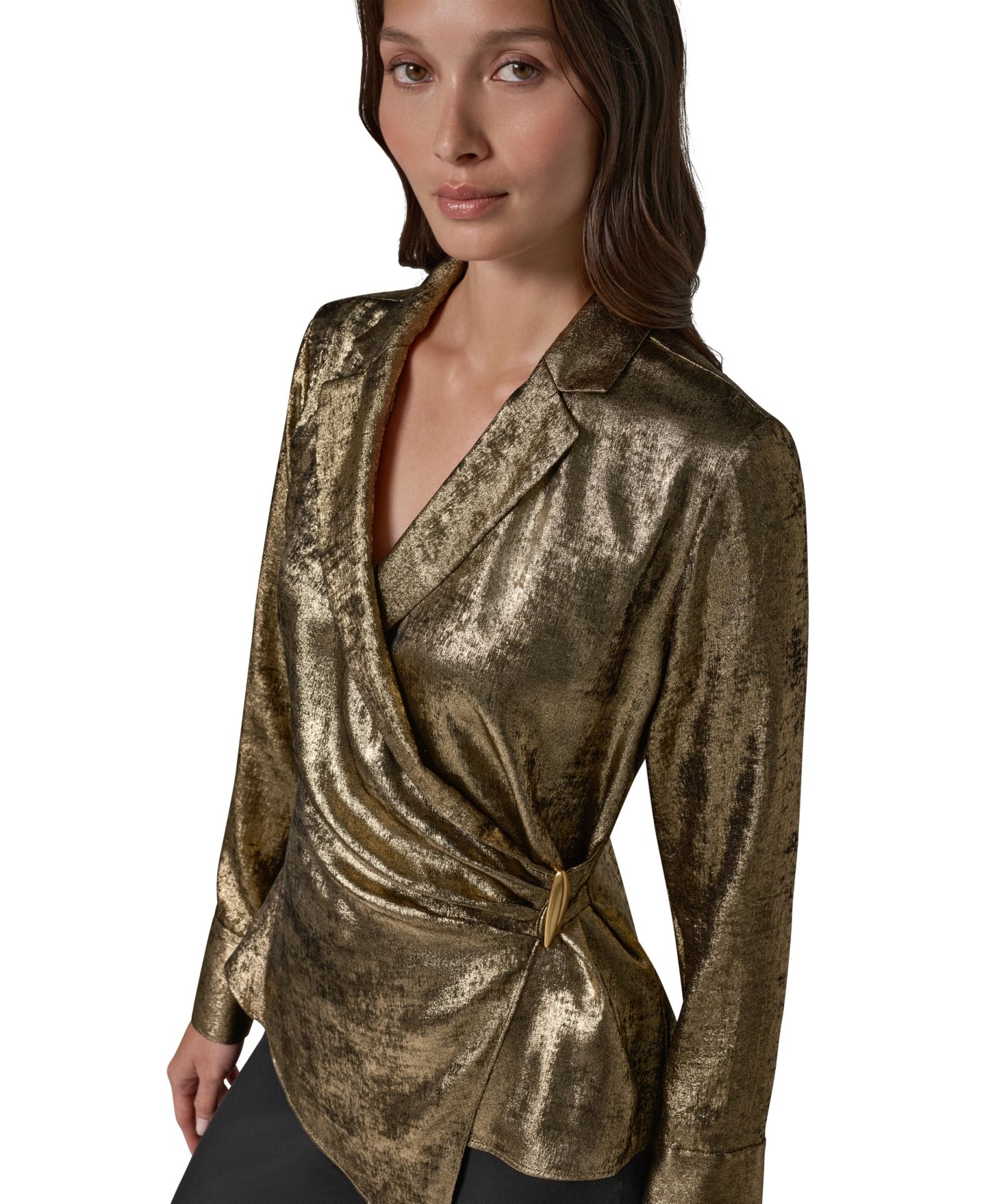 Женская блузка Donna Karan New York Long-Sleeve Asymmetrical-Hem Metallic Blouse, цвет: Золотой — фото 5