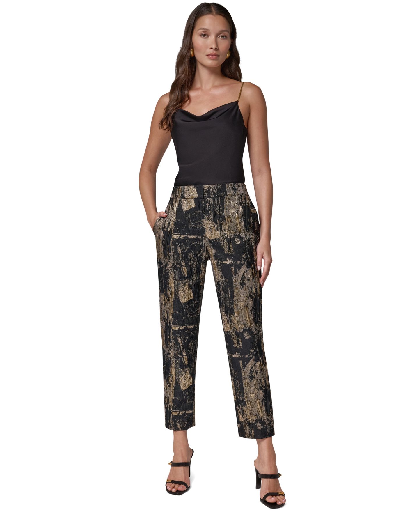 Женские брюки Donna Karan New York Brushstroke Metallic Slim-Leg Ankle, цвет: Чёрный разноцветный — фото 2
