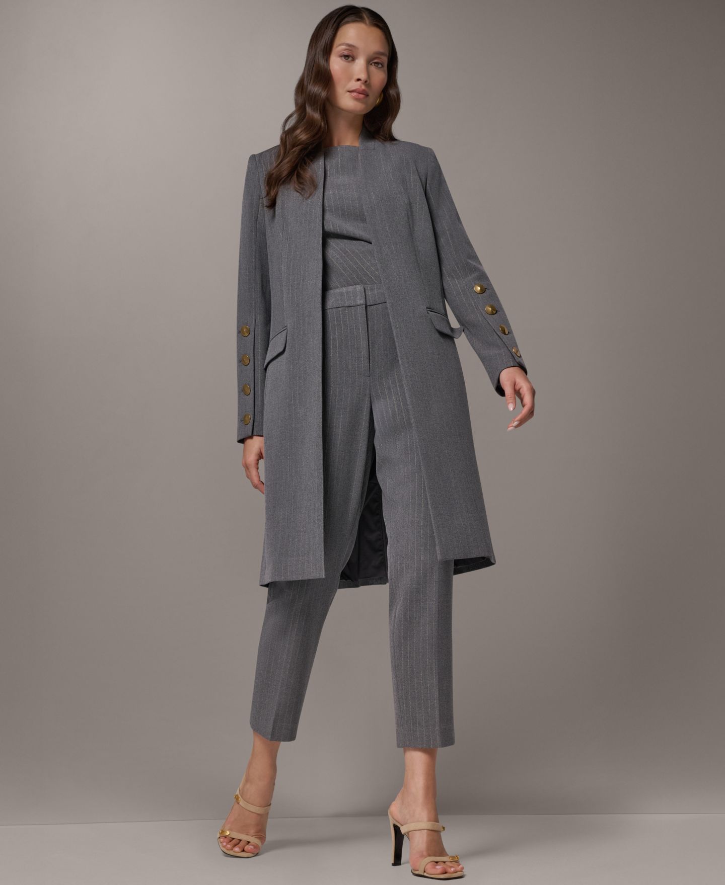 Женская удлинённая куртка Donna Karan New York в тонкую полоску на подкладке, цвет: Светлый меланжевый серый — фото 9