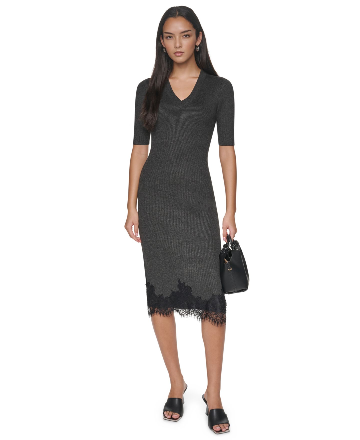 Женское платье DKNY Lace-Trim V-Neck Short-Sleeve Midi, цвет: Асфальтовый — фото 2