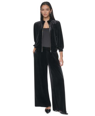 Women's Velvet Bomber Puff-Sleeve Jacket and Velvet Wide-Leg Pleated Pants