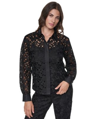 Women's Floral Lace Sheer Long-Sleeve Button-Down Blouse