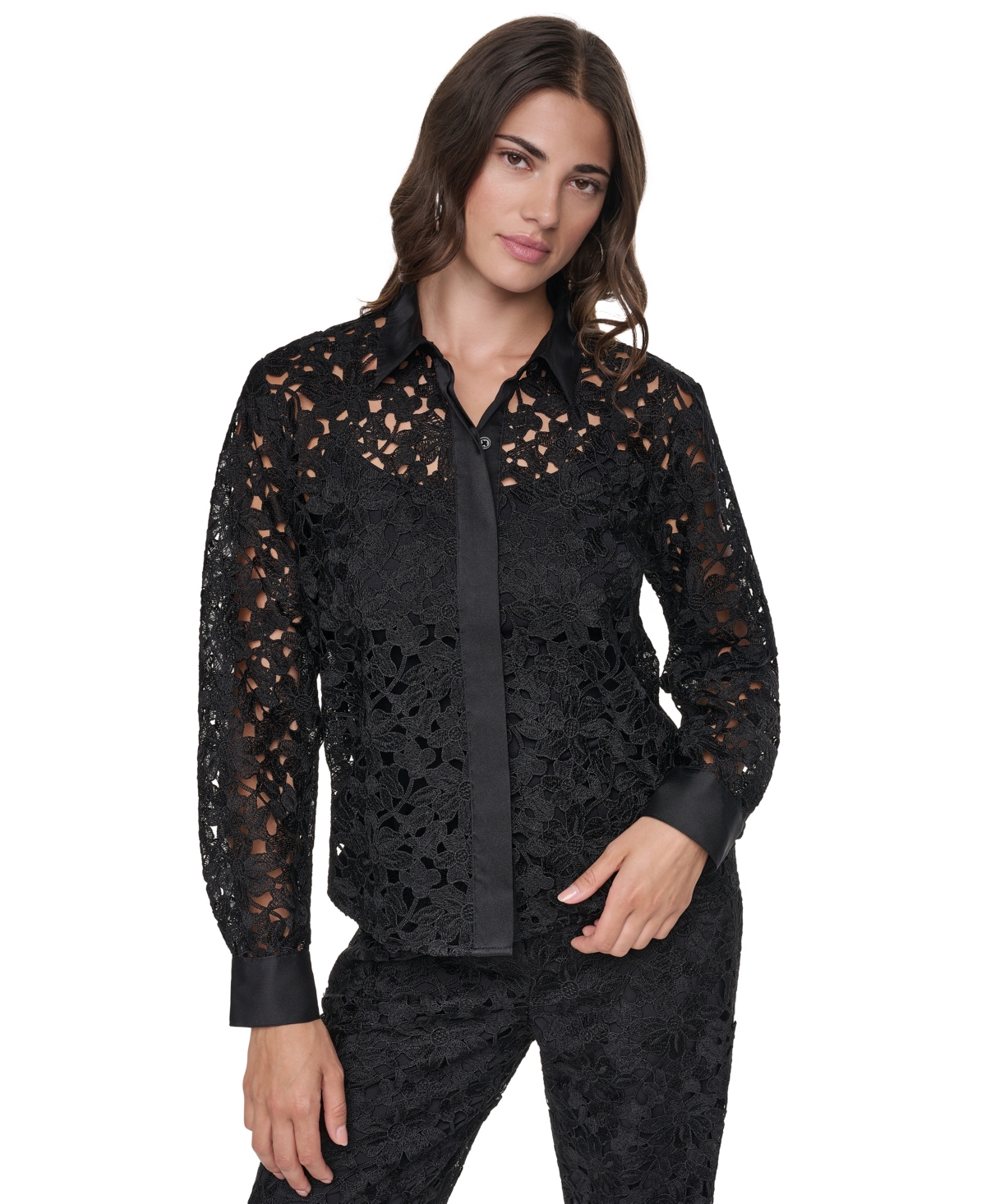 Dkny Women's Floral Lace Sheer Long-Sleeve Button-Down Blouse