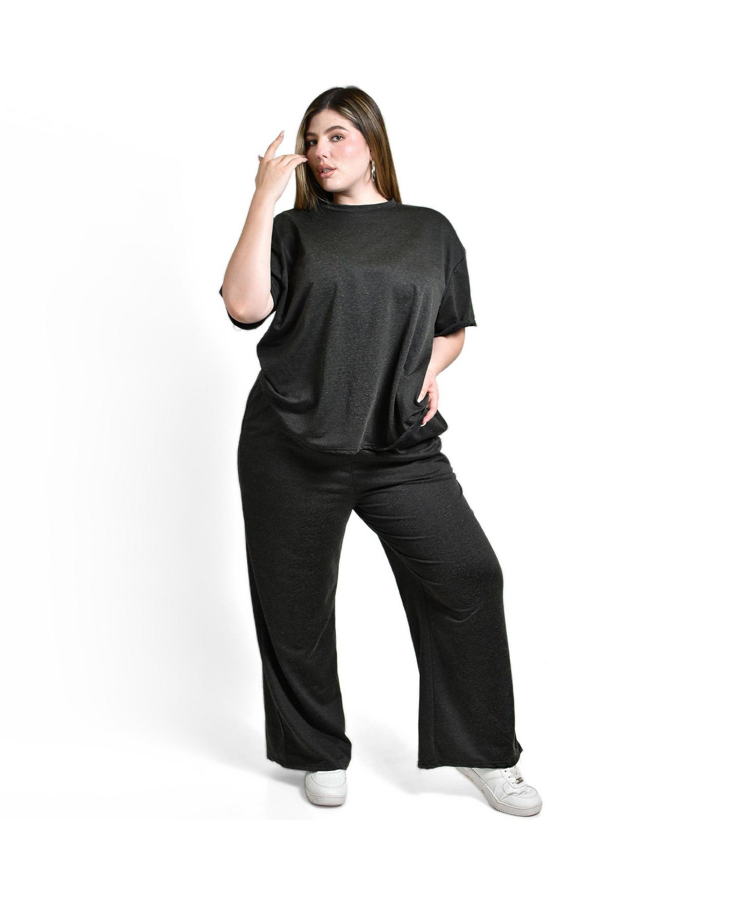 Женский комплект Roman Fashion Crewneck Short-Sleeve Wide-Leg Blouse and Pants, 2-Piece Set, цвет: Чёрный — фото 1