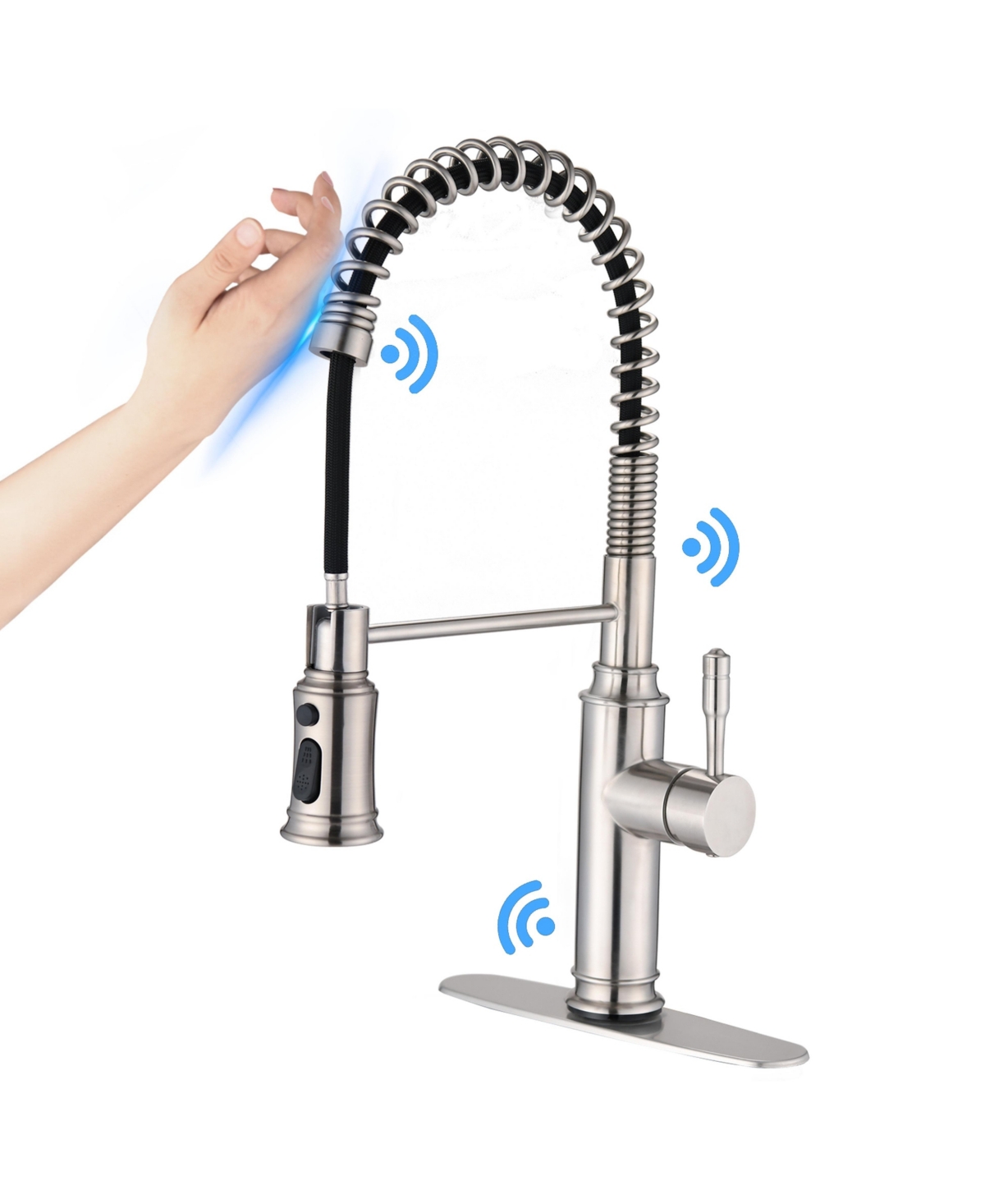 Single Handle Stainless Steel Touch-Activated Pull-Down Kitchen Faucet with 3-Function Sprayer and Spring-Coil Design - Nickel