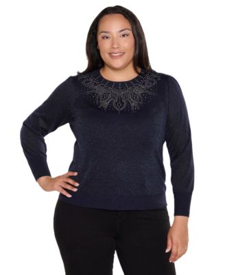 Plus Size Embellished Long-Sleeve Lightweight Sweater