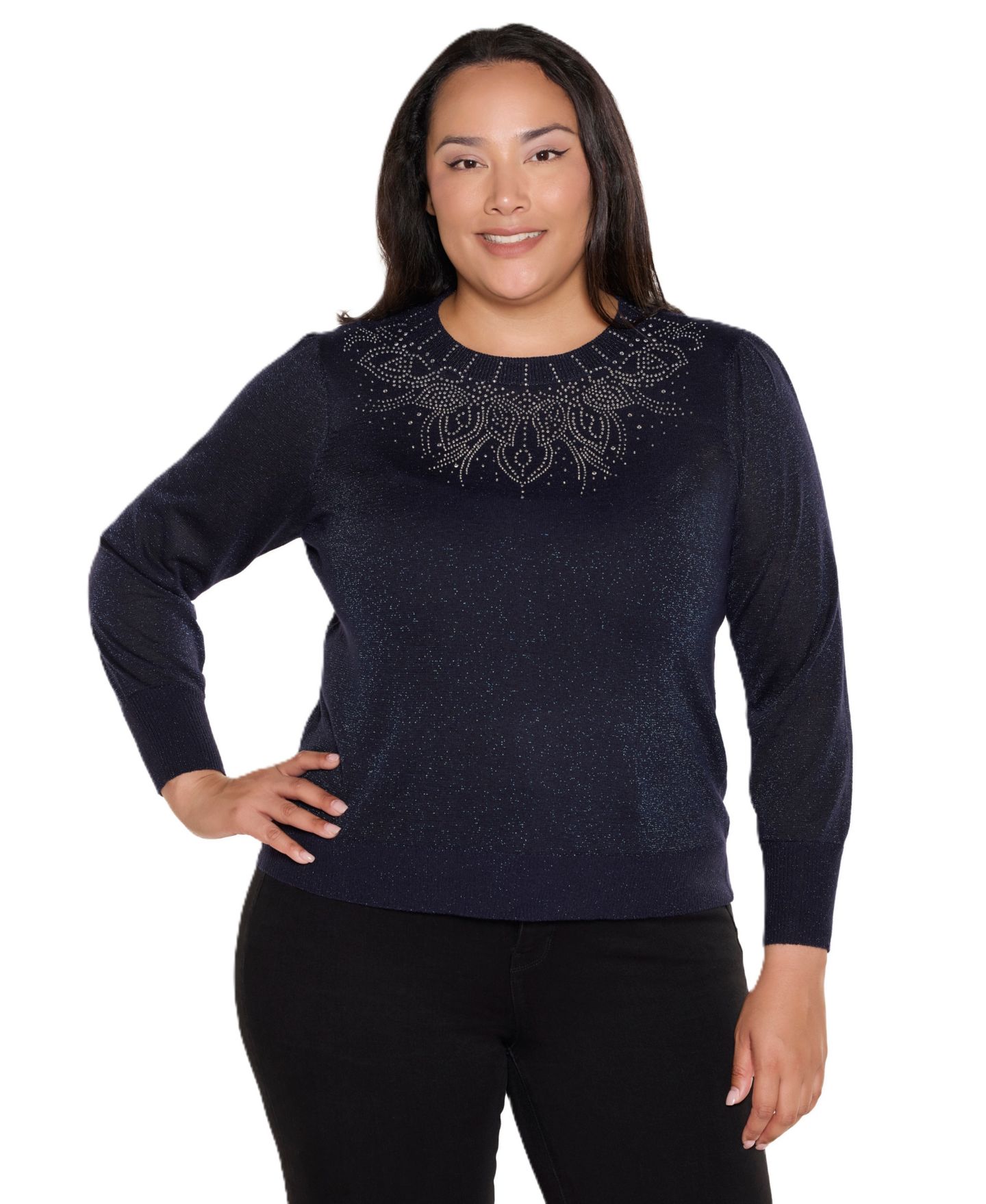 Женский свитер Belldini Plus Size Embellished Long-Sleeve Lightweight, цвет: Полуночный синий — фото 1