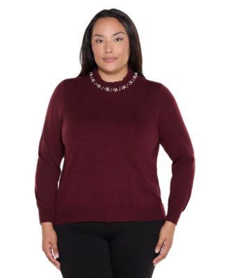 Plus Size Mock Neck Long-Sleeve Embellished Sweater
