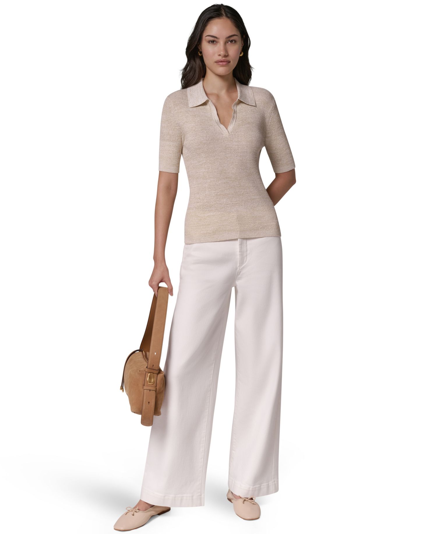 Women's Cotton Rib Elbow Sleeve Polo Sweater