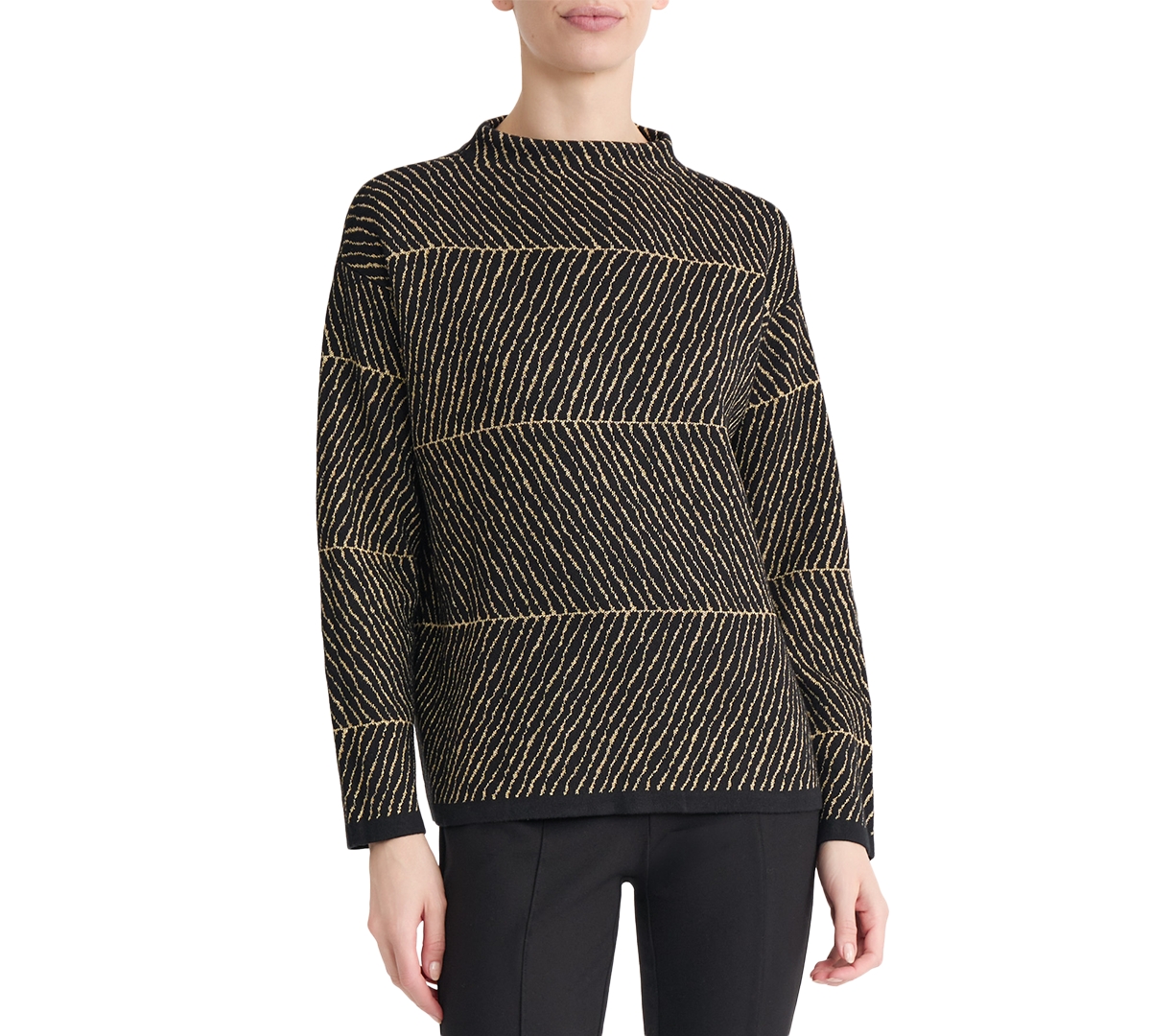 Jones New York Women's Funnel-Neck Jacquard Long-Sleeve Sweater - Black/Gold