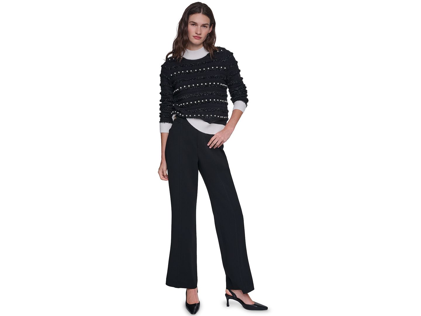Женский свитер KARL LAGERFELD PARIS Petite All Over Imitation Pearl Mock Neck Long-Sleeve Striped, цвет: Чёрный / Мягкий белый — фото 2